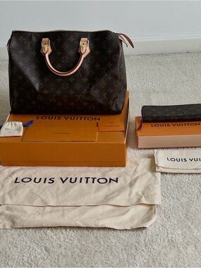 Louis Vuitton Monogram Speedy Satchel - Brown/Tan With Fuchsia Pink Zip  Wallet